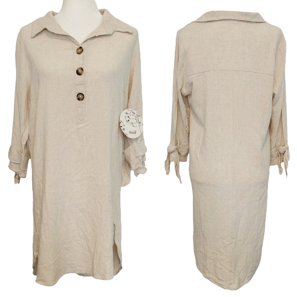 Naif NWT Linen Blend Cream Henley Collared Shirt Dress Tie Cuffs Boho Neutral